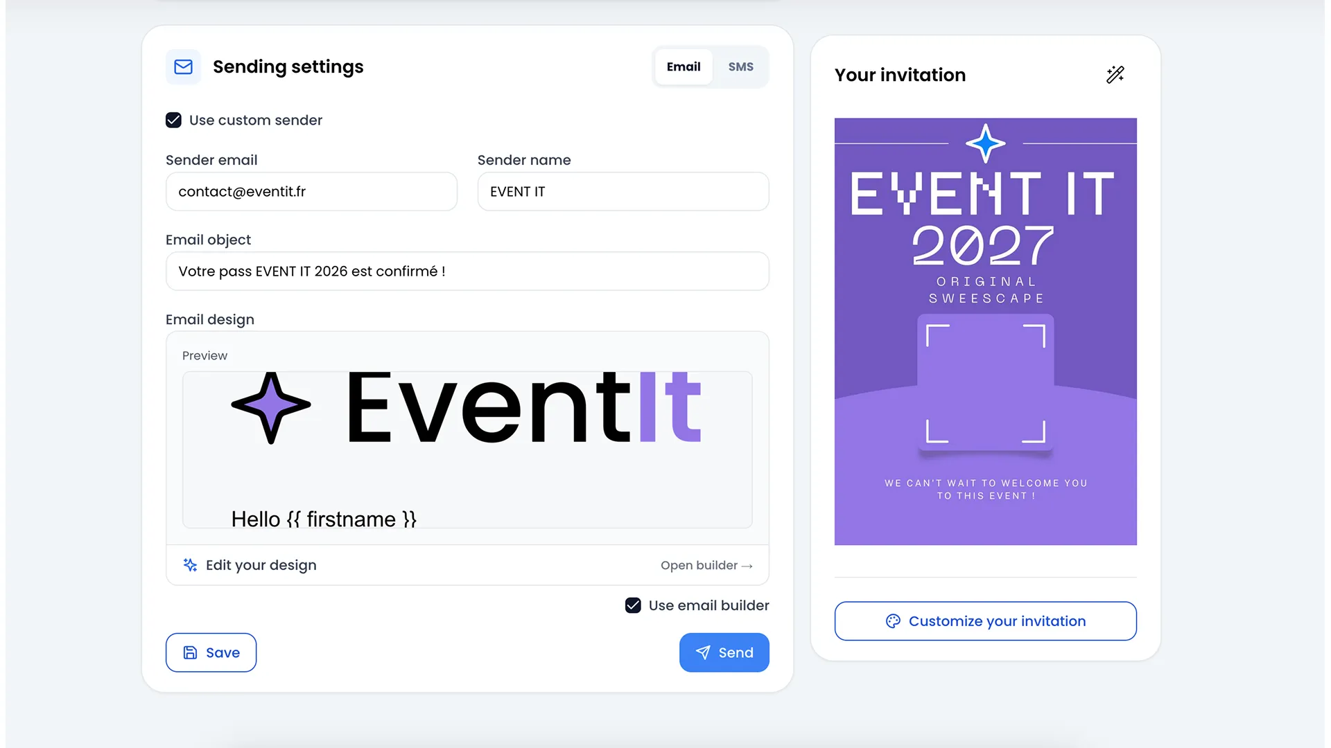 Screenshot éditeur de badge + builder d'email + page billetterie avec domaine personnalisé