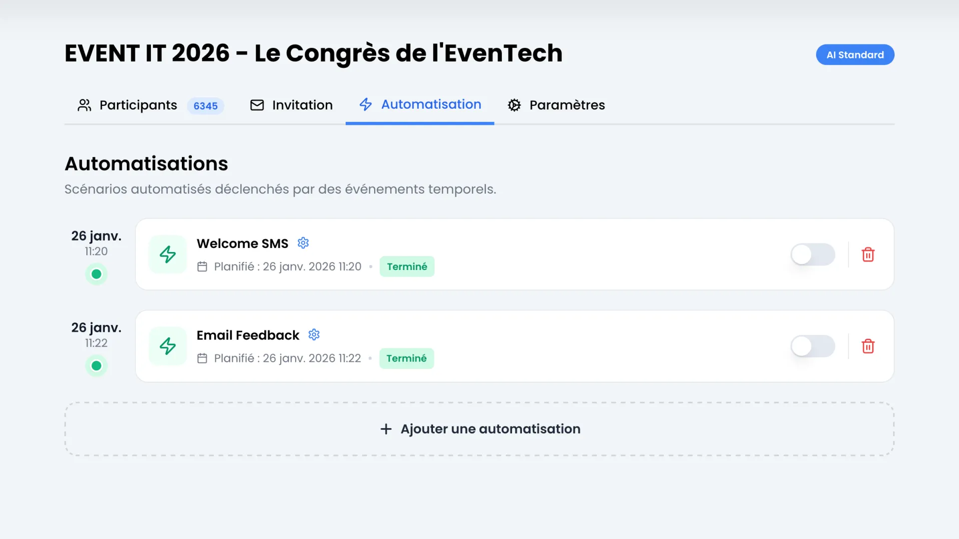 Timeline des automatisations avant/pendant/après l'événement