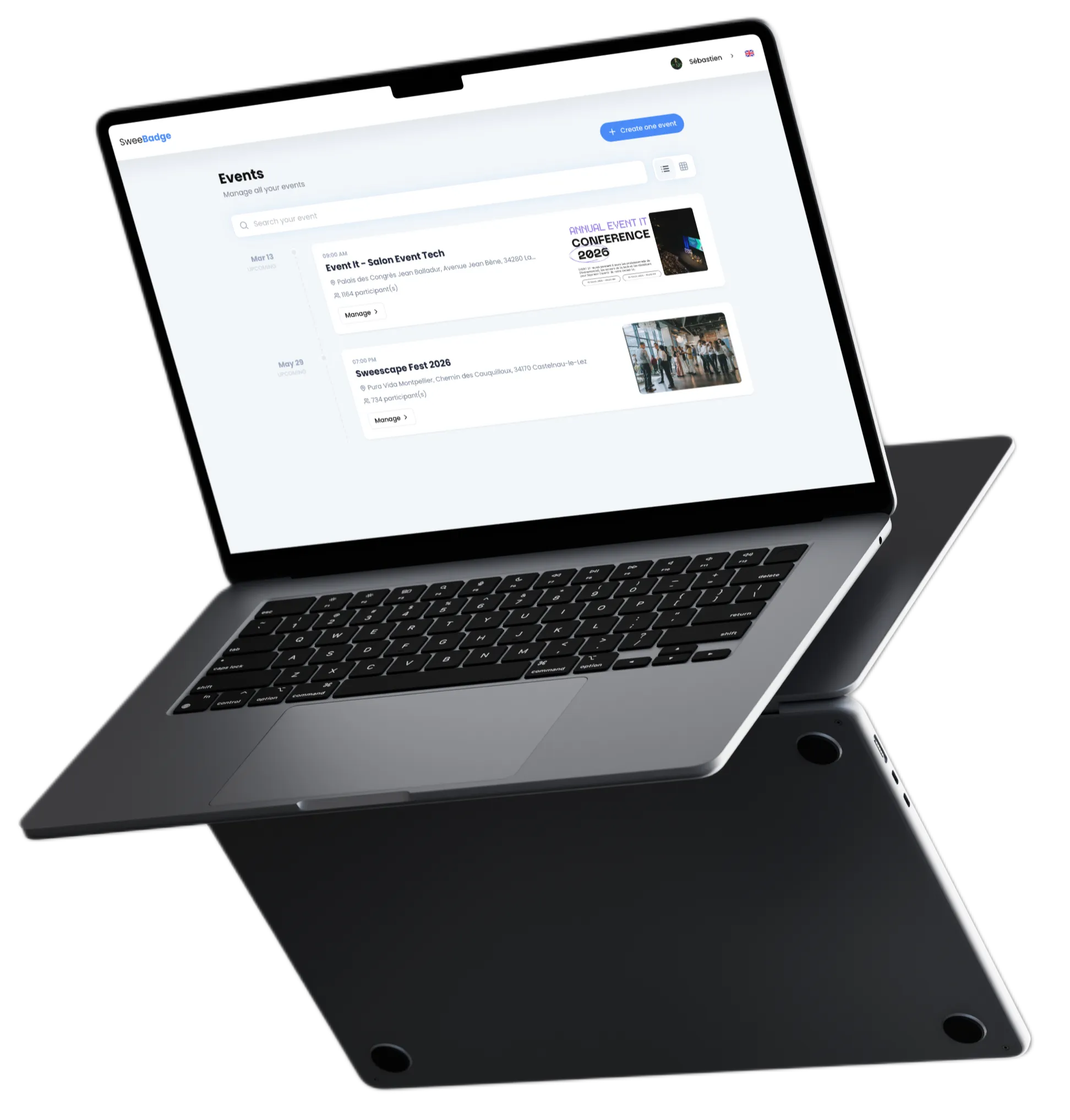 Mockup Macbook Pro 14 pouces avec Interface d'accueil de SweeBadge à l'écran