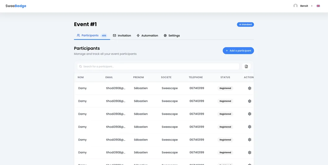 Interface de gestion des participants SweeScape