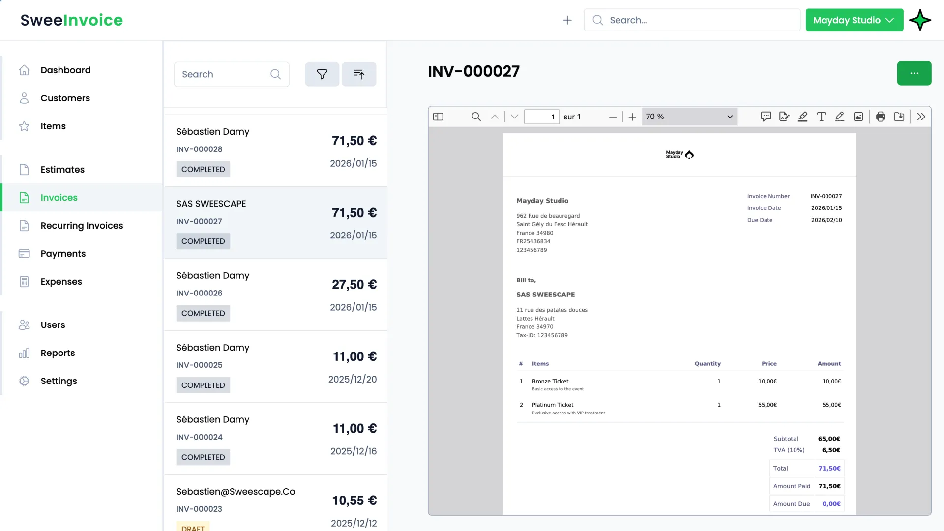 Trois screenshots illustrant chaque pilier (Facture auto-générée / Ajout dépense / Dashboard rentabilité)