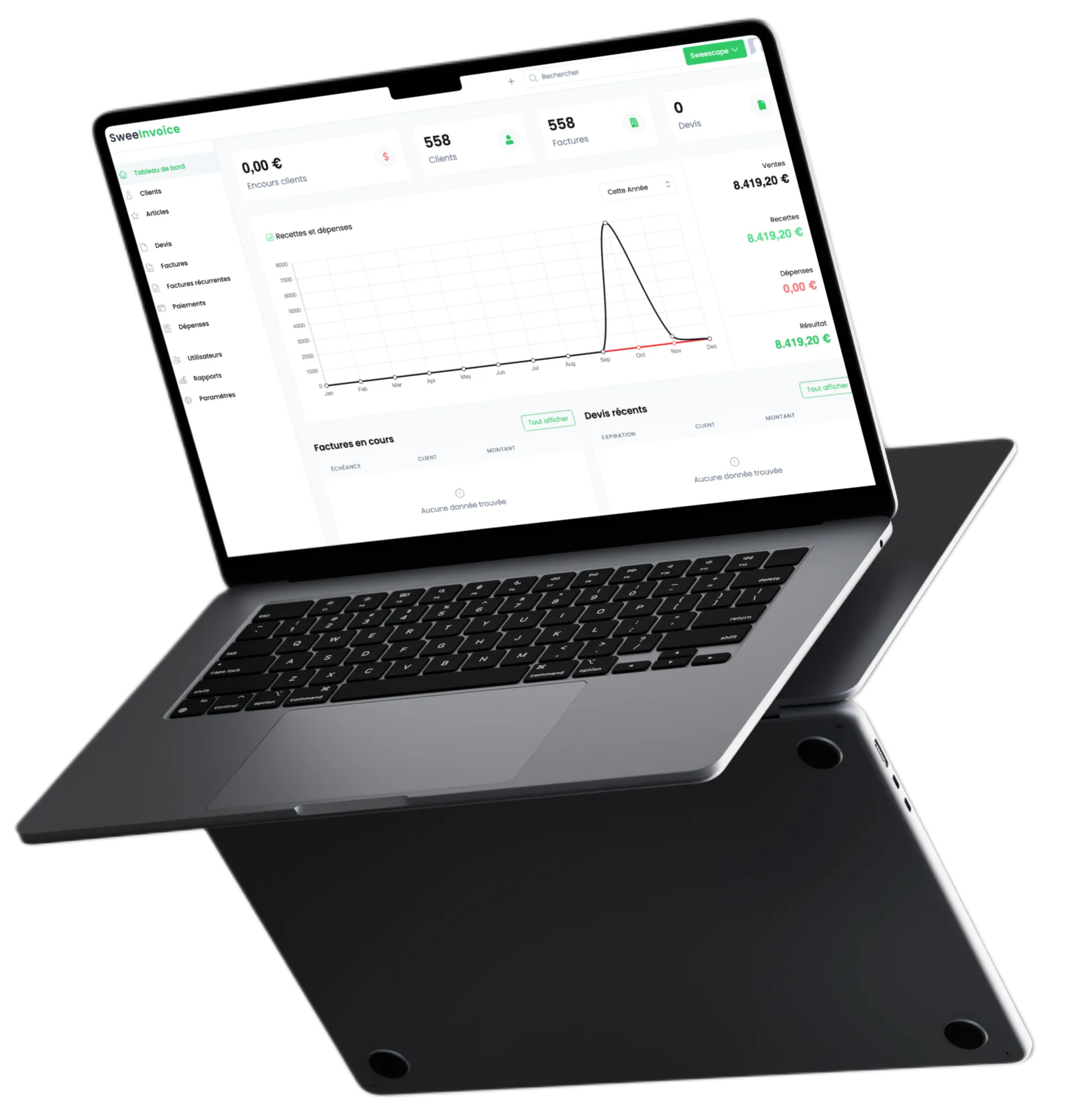 Mockup Macbook Pro 14 pouces avec Interface d'accueil de SweeInvoice à l'écran
